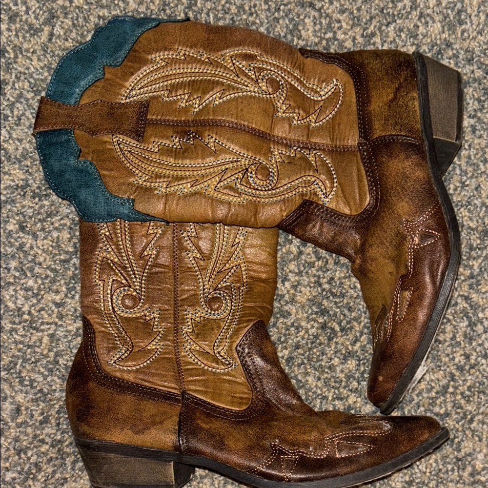Brown and Teal Western Cowboy Boots